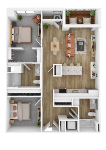 Floor plan for 2 beds, 2 baths, 1011 sqft